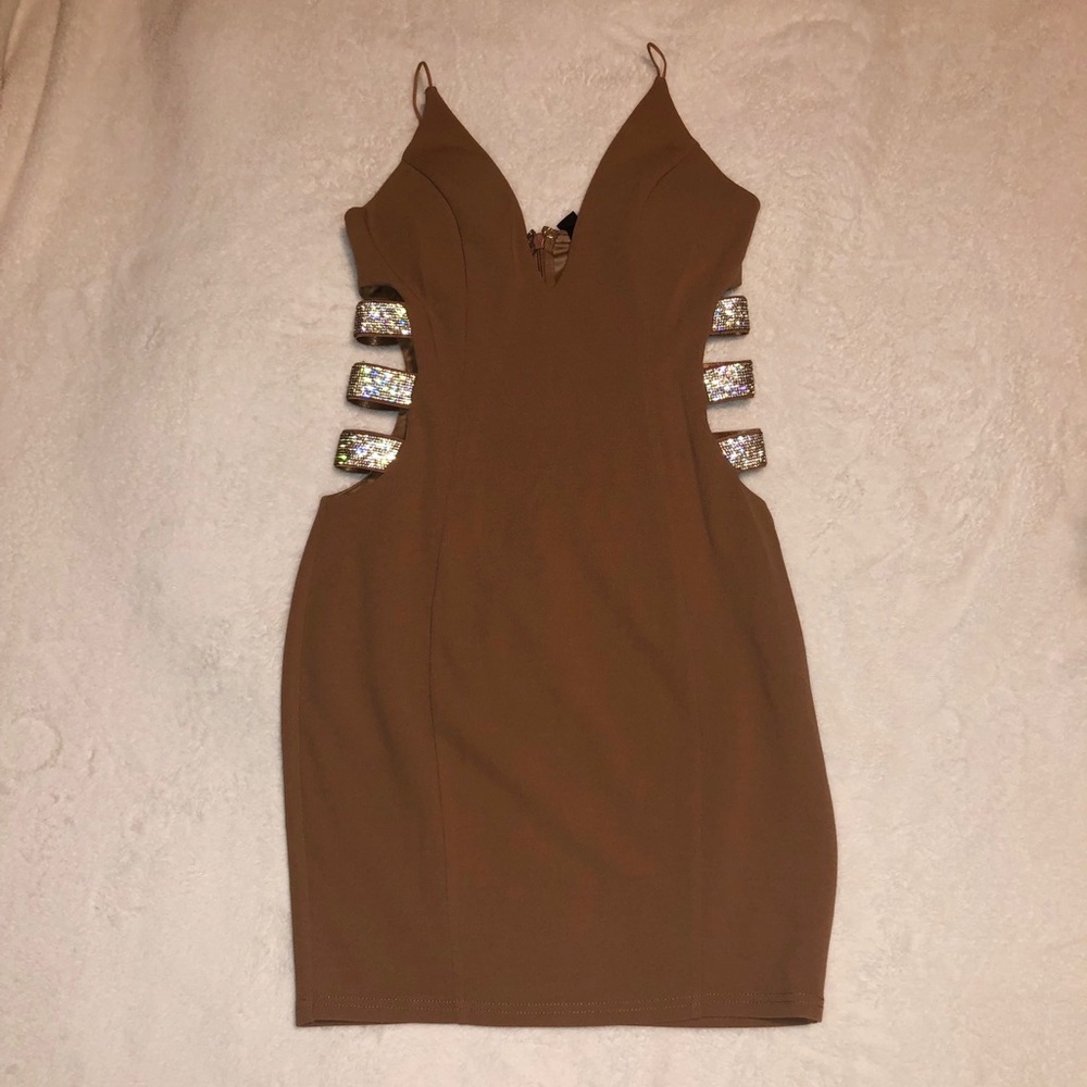 Windsor Tan Cut Out Dress with Rhinestones